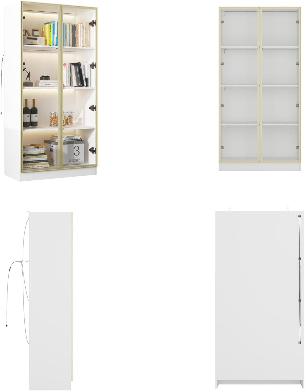 Display Cabinet with Glass Doors and Lights, Glass Display Cabinet with 4-Tier Storage Shelves, Pop-up Design, Trophy Case White and Champagne Gold (31.5'W x 15.7'D x 63'H)