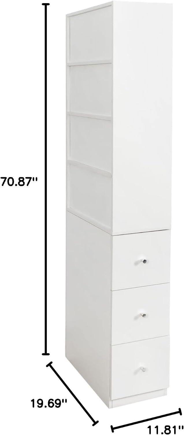71' Wooden Melamine Finish Showcase Cabinet, Lego Display Case with 4-Tier Storage Shelves, Lego Display Shelves with 3 Side Drawers for Living Rooms, Home Offices, Kitchens, White