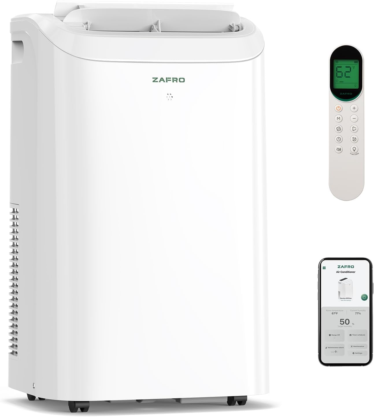 ZAFRO Portable Air Conditioner 12,000 BTU (8,000 BTU SACC), 464B-Quiet Cooling, WiFi/App Control, 24H Timer with Fan & Dehumidifier, Easy Installation for Bedroom, Office, Living Room