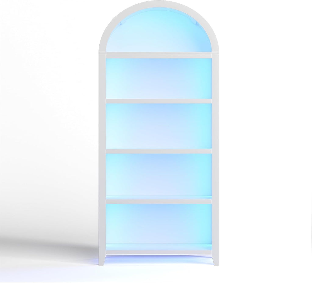 Arch Bookcase - 5 Tiers Bookshelf with 3 Colors LED Sensor Lights and Thickened Wooden Design Display Shelf for Lego Books Bathroom Living Room - Ideal Gift (White)