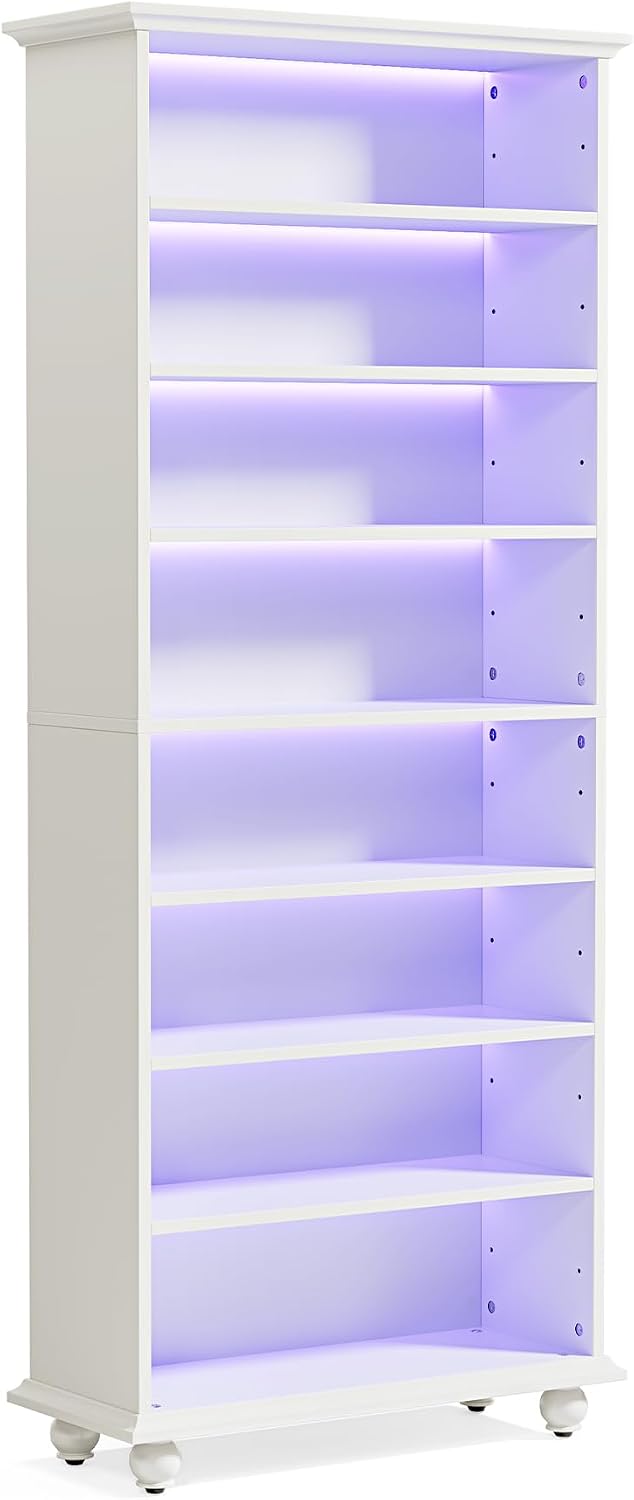 LITTLE TREE 69-Inch Tall Shoe Cabinet with LED Light Strip & Adjustable Shelves, White Wooden 8-Tier Shoes Display Cabinet for 26 Pairs, Freestanding Modern Shoe Cabinet for Entryway