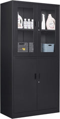 Black Metal Storage Cabinet with Glass Doors, 71' Locking Glass Door Cabinet with 2 Adjustable Shelves, Steel Storage Cabinet with 4 Doors for Home, Living Room, Bathroom