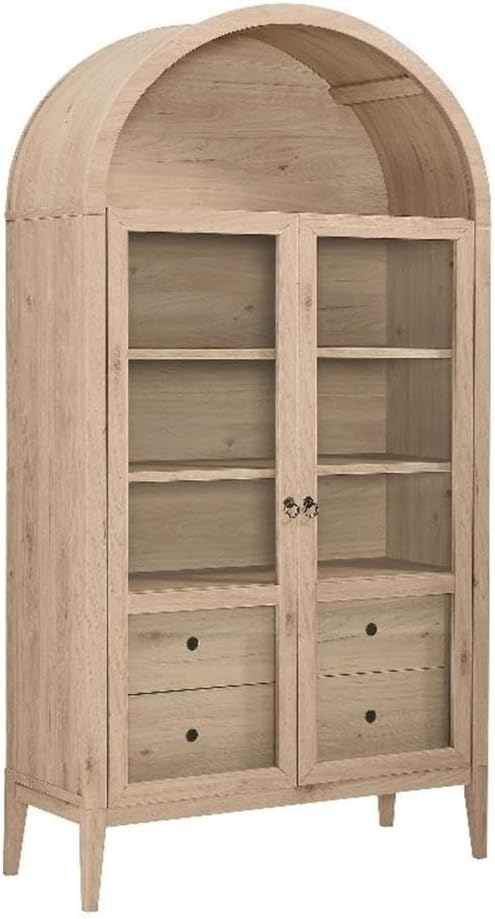Modway Nolan Tall Arched Storage Display Cabinet in Light Oak - 74 Inch Arch Bookshelf with Glass Doors, Shelves and Drawers - Modern Accent Cabinet for Living Room, Dining Room