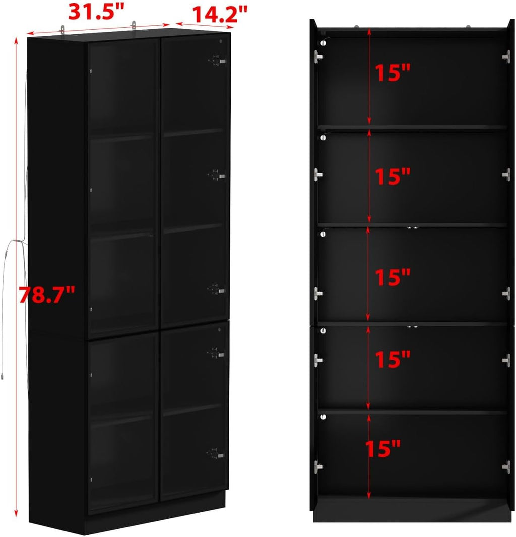 Display Cabinet with 4 Glass Doors and Lights, 5-Tier Storage Shelves, Pop-up Design, Trophy Case Display Cabinet for Collectibles, Black (31.5'W x 14.2'D x 78.7'H)