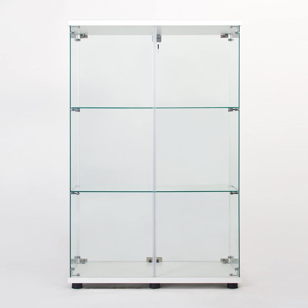 3-Tier Glass Display Cabinet,Curio Cabinet with Tempered Glass Door,Floor Standing Curio Bookshelf for Living Room Bedroom Office with Locks, Side by Side Doors (2 Doors,3 Shelves - White)