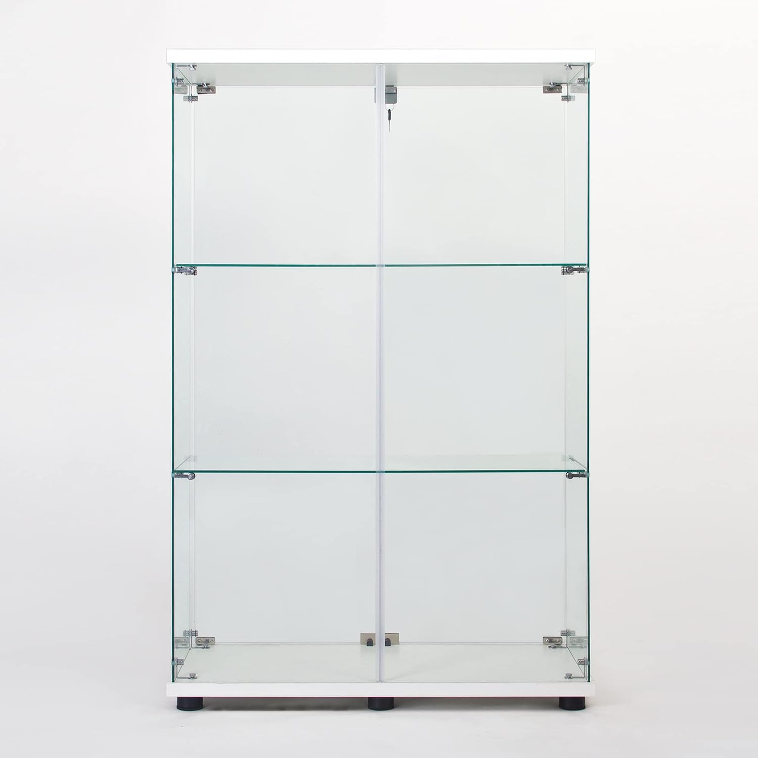 3-Tier Glass Display Cabinet,Curio Cabinet with Tempered Glass Door,Floor Standing Curio Bookshelf for Living Room Bedroom Office with Locks, Side by Side Doors (2 Doors,3 Shelves - White)