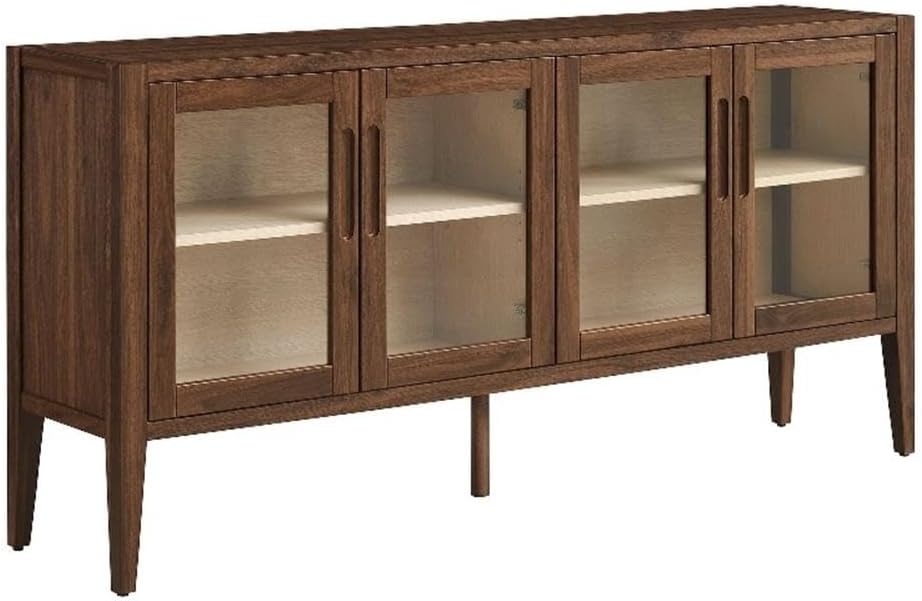 Modway Nell 72 Inch Sideboard Buffet Cabinet with Glass Doors in Walnut – Modern Storage Display Case with Adjustable Shelves for Dining Room, Kitchen, Living Room