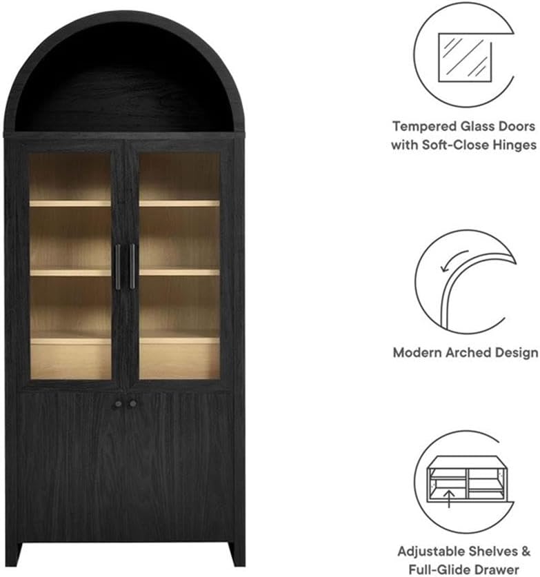 Modway Evie Arched Display Cabinet in Black Oak - Modern Tall Storage Cabinet with Shelves - Sophisticated Glass Door Bookcase - Elegant Living Room and Hallway Accent Cabinet