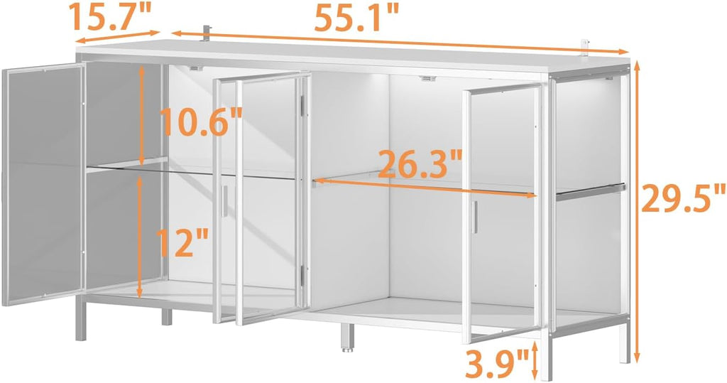 FUFU&GAGA Sideboard Buffet with LED Lights, Glass Doors, Modern Display Cabinet with Glass Shelves, White Cupboard Credenza with Metal Leg, for Living Room Kitchen, 55.1'W x 15.7'D x 29.5'H