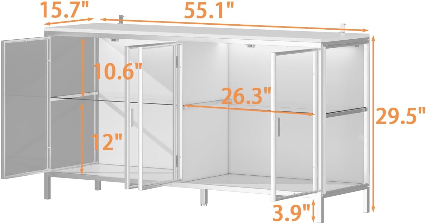 FUFU&GAGA Sideboard Buffet with LED Lights, Glass Doors, Modern Display Cabinet with Glass Shelves, White Cupboard Credenza with Metal Leg, for Living Room Kitchen, 55.1'W x 15.7'D x 29.5'H