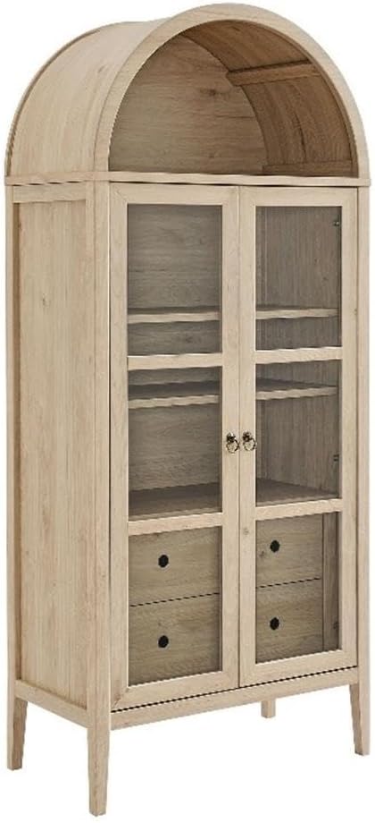 Modway Nolan Modern Farmhouse 71 Inch Tall Arched Storage Display Cabinet in Light Oak Wood Grain - 4-Tier Bookcase with Glass Doors and Shelves - Arch Accent Cabinet for Living Room