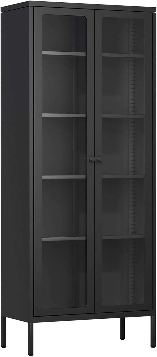Oakcloud 67' Metal Glass Display Cabinet, Storage Cabinet for Collectibles, Curio, China, Books, Glass Doors Display Case with 4 Adjustable Shelves for Home Office, Living Room, Pantry (Black)