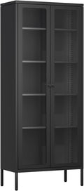 Oakcloud 67' Metal Glass Display Cabinet, Storage Cabinet for Collectibles, Curio, China, Books, Glass Doors Display Case with 4 Adjustable Shelves for Home Office, Living Room, Pantry (Black)