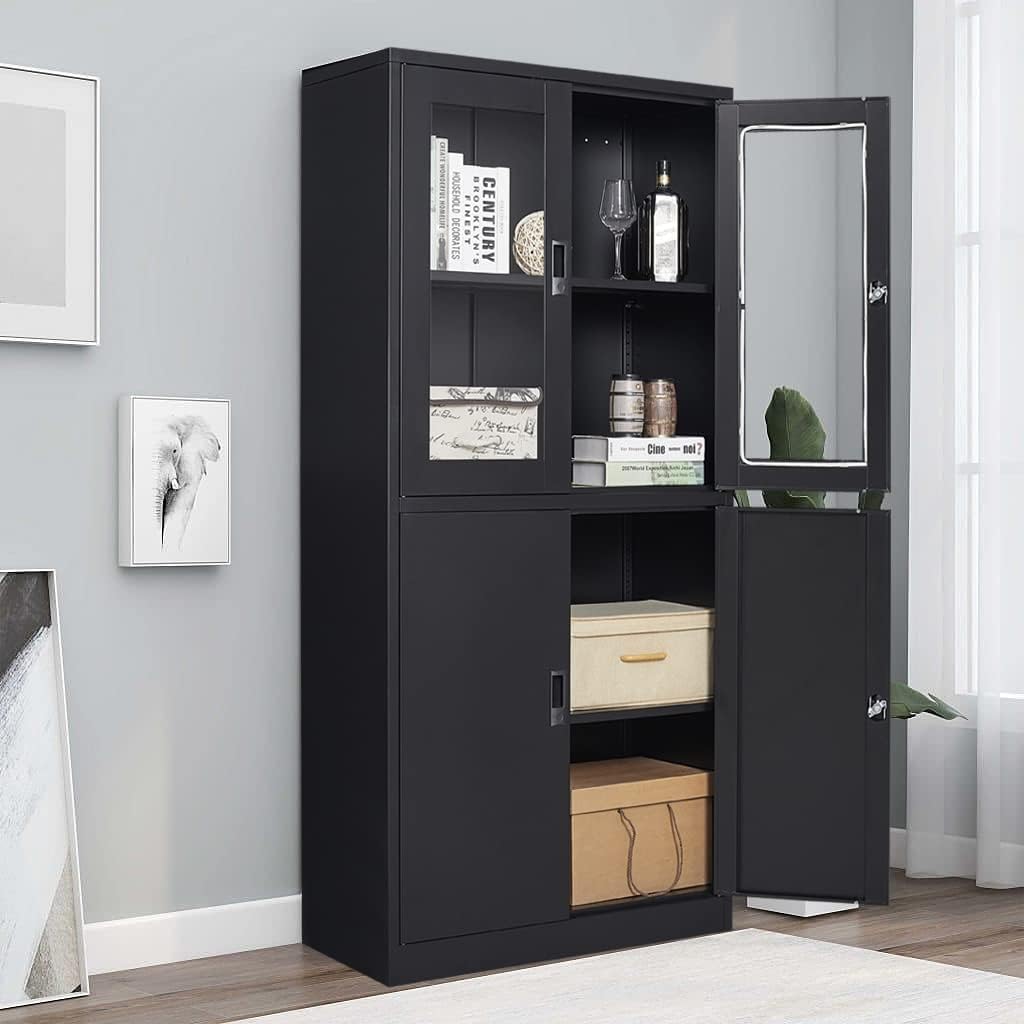 Black Metal Storage Cabinet with Glass Doors, 71' Locking Glass Door Cabinet with 2 Adjustable Shelves, Steel Storage Cabinet with 4 Doors for Home, Living Room, Bathroom