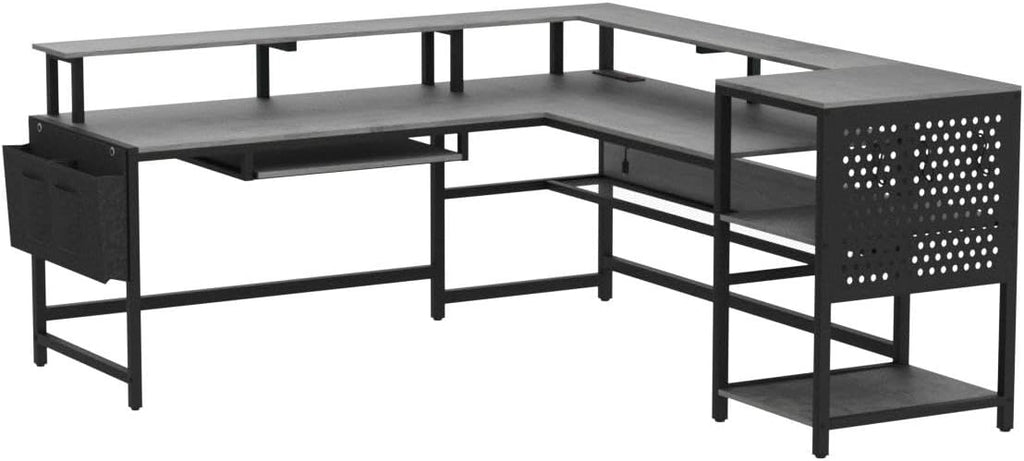 SEDETA L Shaped Gaming Desk, Convertible 96' Home Office Desk or Corner Desk, L Shaped Table with Power Outlets & LED Strip, Monitor Stand, Keyboard Tray, Pegboard and Storage Shelves, Grey
