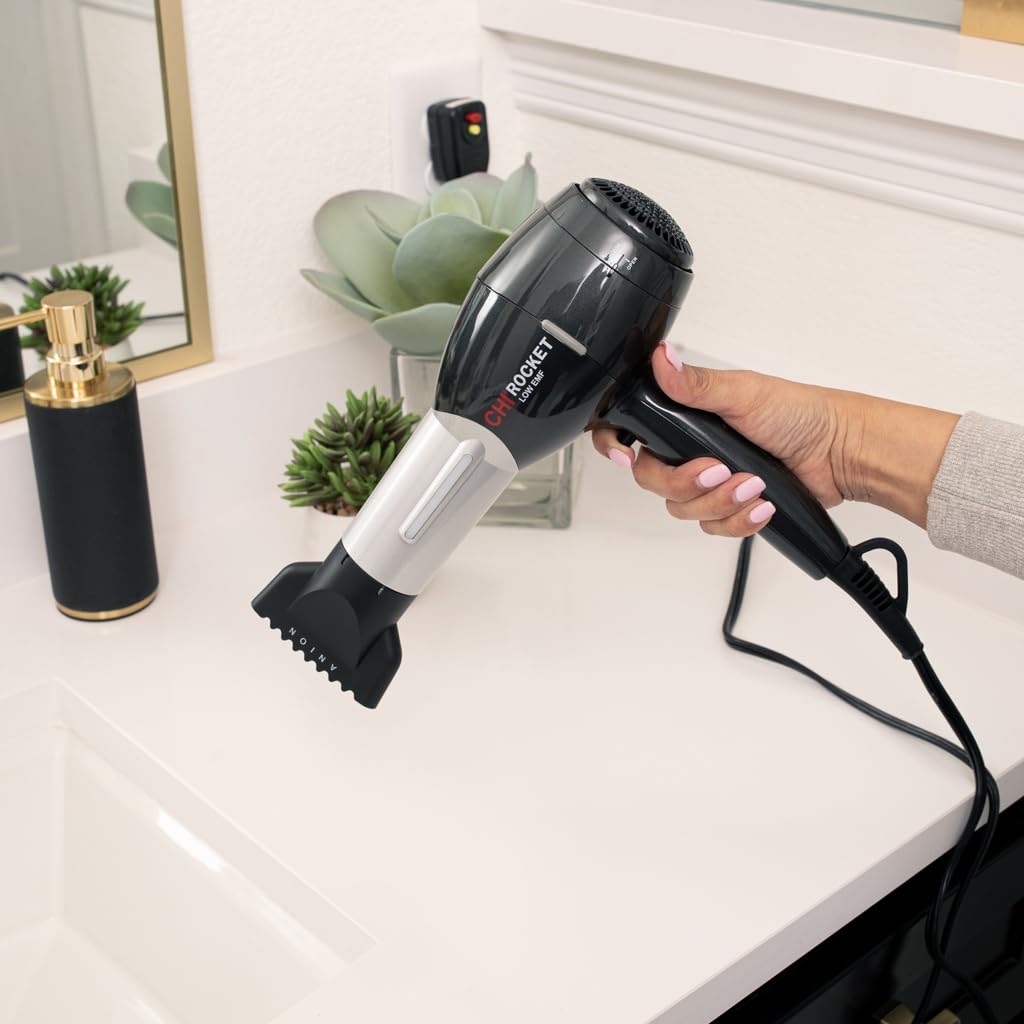 CHI Rocket Hair Dryer, Hair Dryer With Comb & Drying Nozzle Attachment, Quick-Drying For Shiny, Frizz-Free Hair, Lightweight & Low EMF