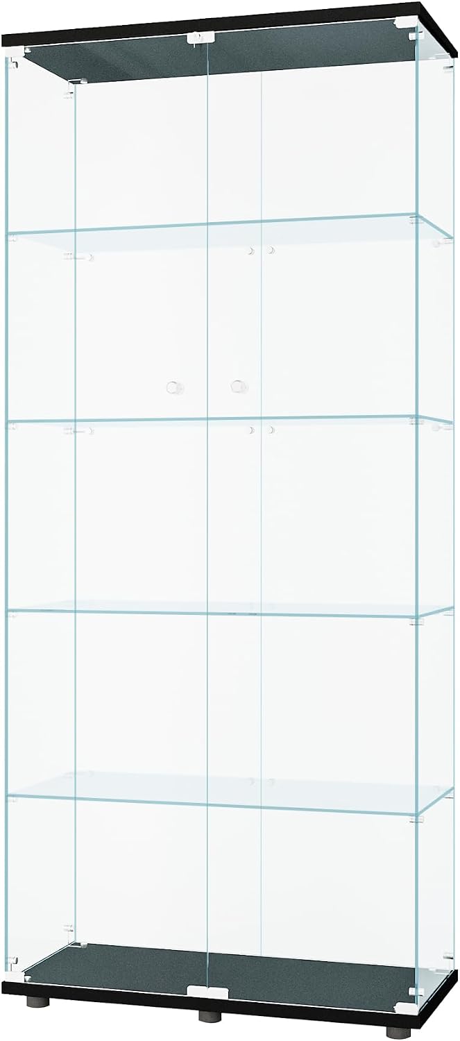 Beauty4U Glass Display Cabinet with 5 Shelves Double Door, Curio Cabinets for Living Room, Bedroom, Office, Black Floor Standing Glass Bookshelf, Quick Installation