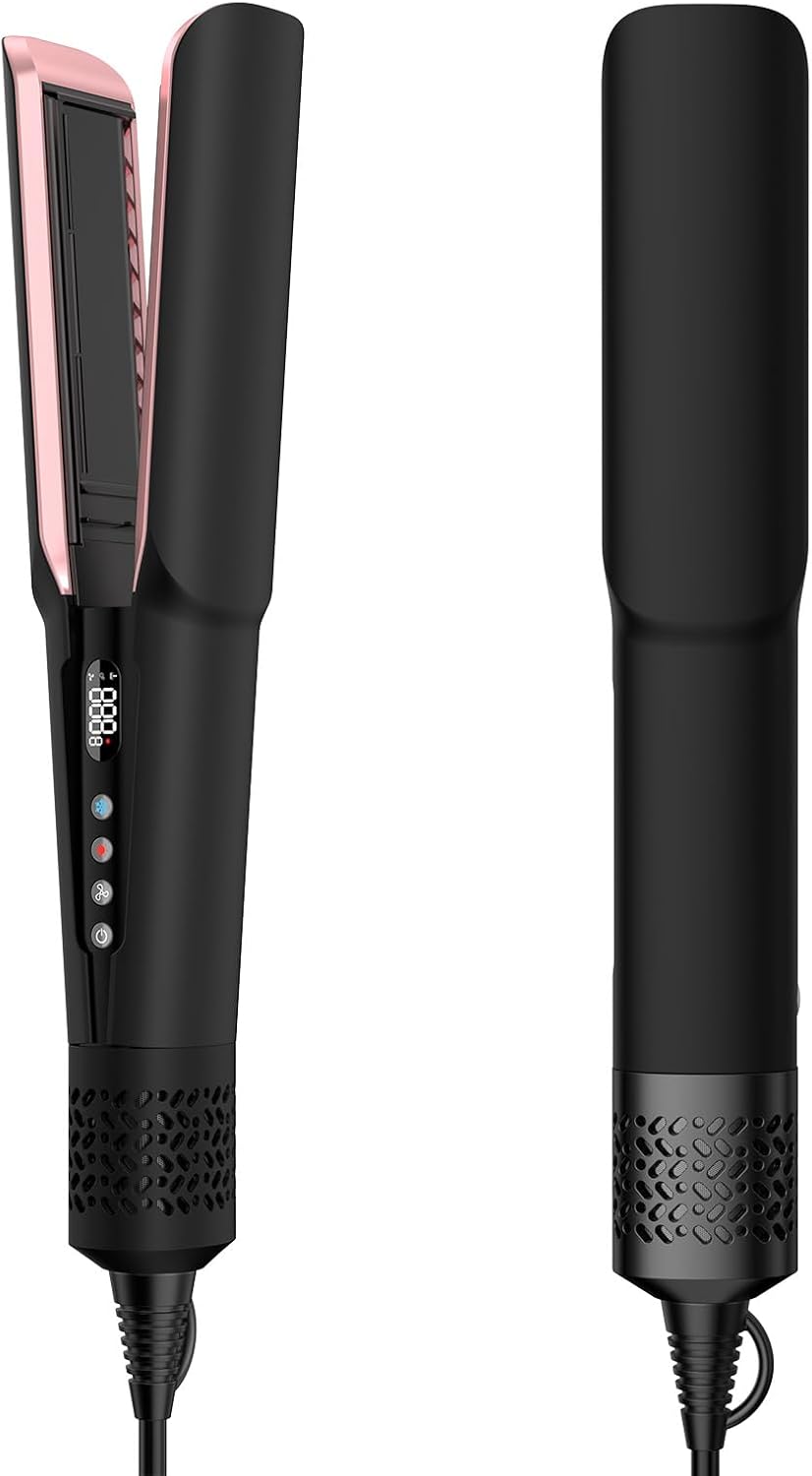 Hair Straightener - 2 in 1 Wet to Dry Hair Dryer and Straightener with High-Speed Airflow + Rapid Heat-Up + Customizable Temperature + LCD Display & Auto Shut-Off + No Heat Damage (Dark Black)