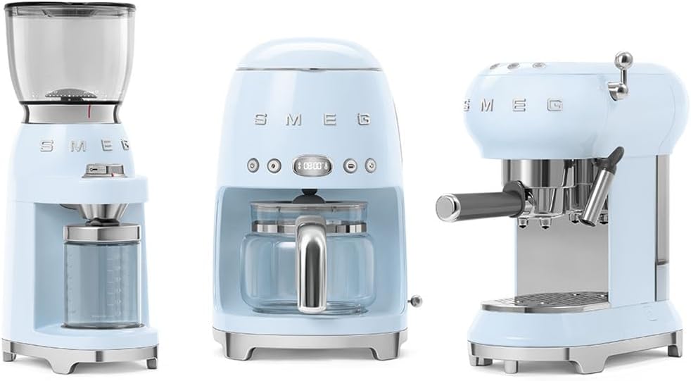 SMEG CGF11 Retro-Style Coffee Grinder – Burr Mill with 30 Grind Settings, Stainless Steel Conical Burrs, Removable Hopper – Precision Countertop Grinder for Espresso, Drip, French Press-Pastel Blue