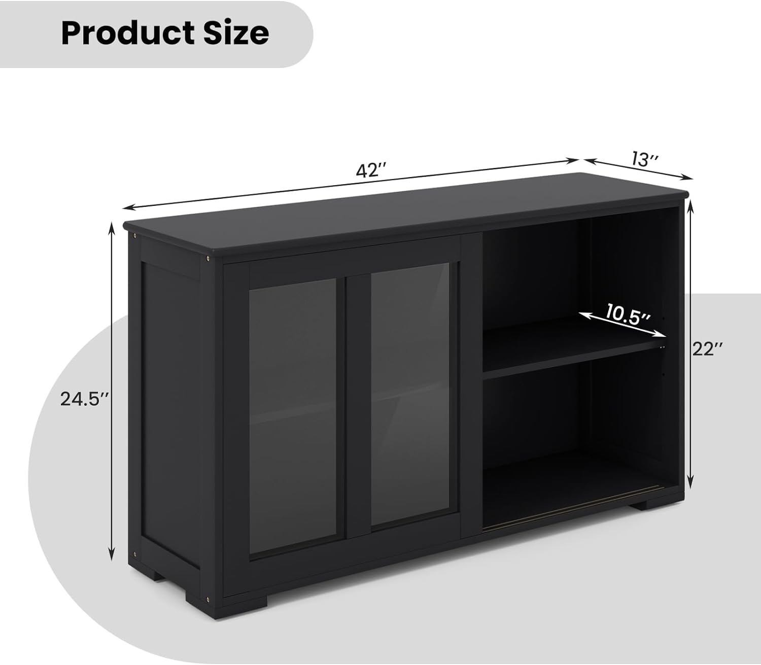 COSTWAY Buffet Sideboard with Storage, 2-Door Floor Cupboard with Sliding Tempered Glass Cabinet & Adjustable Shelf, Stackable Storage Cabinet for Kitchen, Entryway (Black)