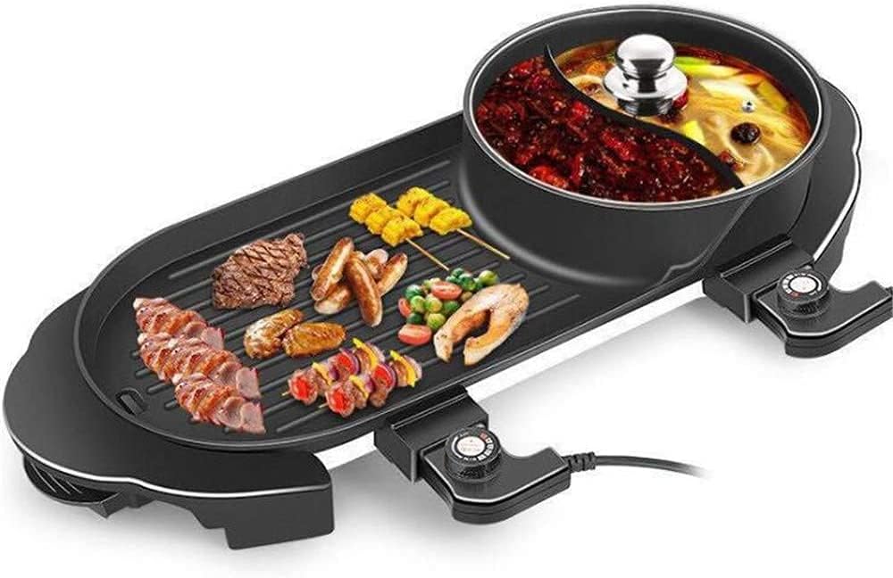 BBQ Smokeless Grill Electric Grill Indoor Hot Pot Multifunctional, Intelligent Temperature Control, The Pot Can Be Split, 1600W Electric Hot BBQ Pot for Indoor Outdoor Parties