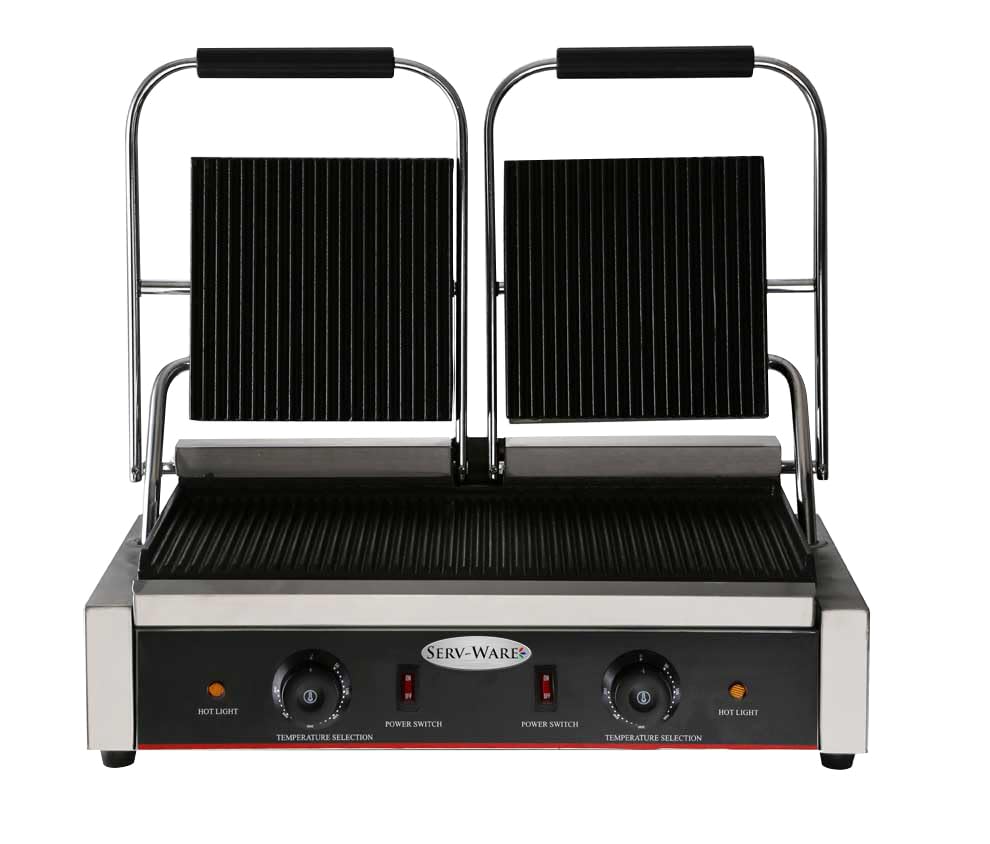 EPG-200GG Double Electric Panini Grill, Grooved Cast Iron Top & Bottom Plates, 120°F–570°F Adjustable Temp, 18-7/64' W Cooking Surface, Drip Tray, Cool-Touch Handle, Stainless Steel