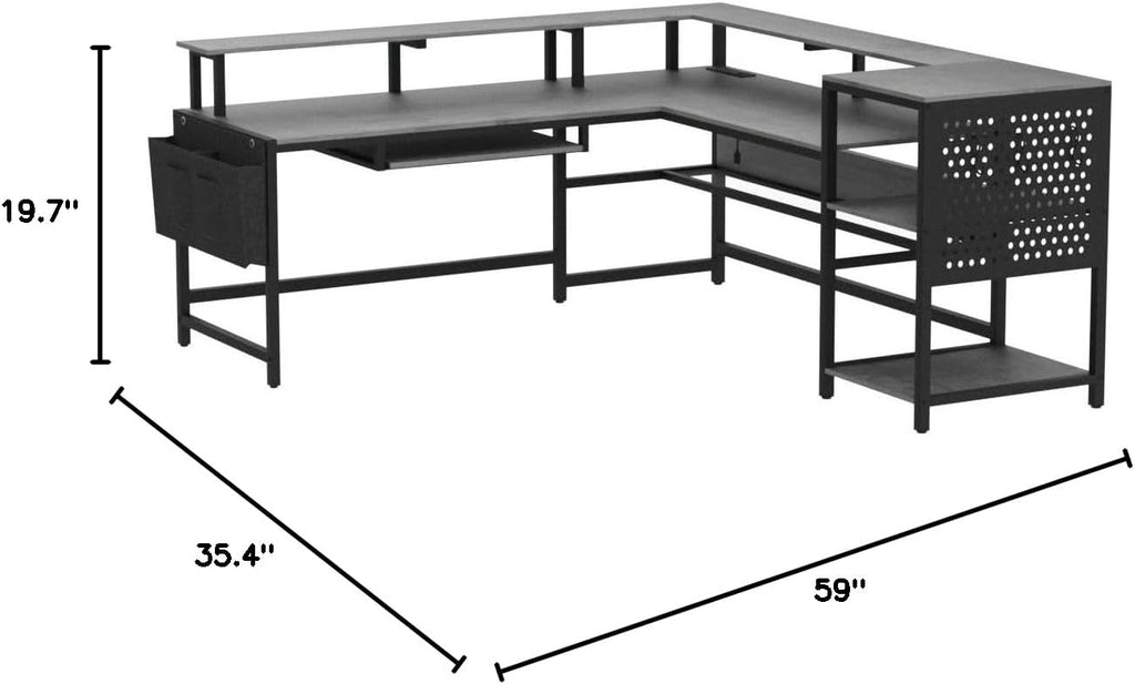 SEDETA L Shaped Gaming Desk, Convertible 96' Home Office Desk or Corner Desk, L Shaped Table with Power Outlets & LED Strip, Monitor Stand, Keyboard Tray, Pegboard and Storage Shelves, Grey