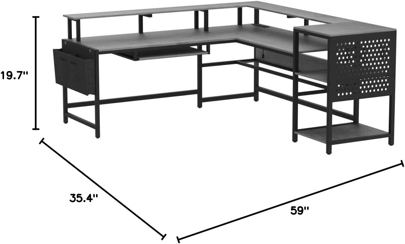 SEDETA L Shaped Gaming Desk, Convertible 96' Home Office Desk or Corner Desk, L Shaped Table with Power Outlets & LED Strip, Monitor Stand, Keyboard Tray, Pegboard and Storage Shelves, Grey