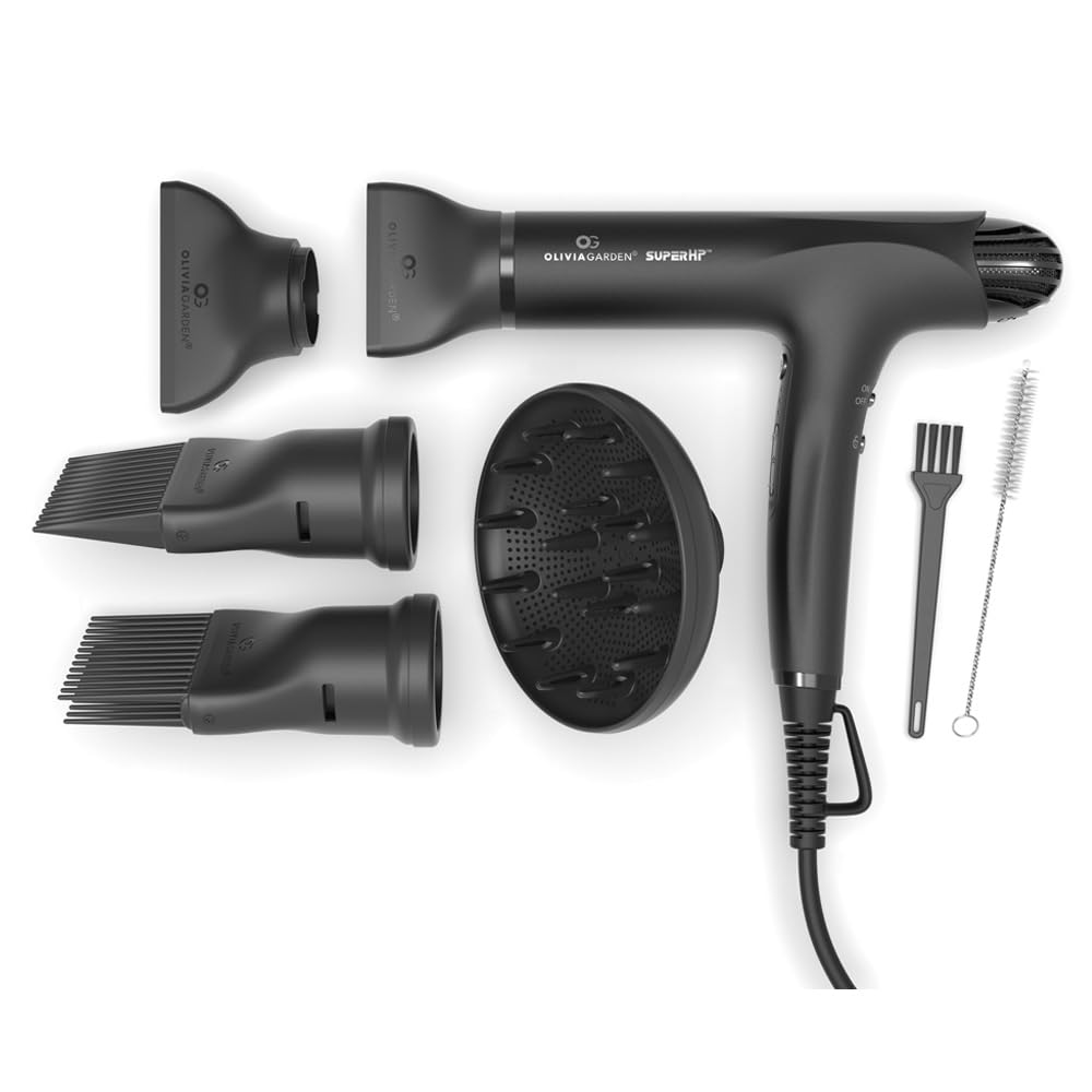 Olivia Garden 1875W SuperHP Professional Hair Dryer for All Hair Types - Quiet, Fast Drying Blow Dryer - Powerful Ionic Generator - 5 Attachments, Including 2 Comb and 1 Diffuser Attachments