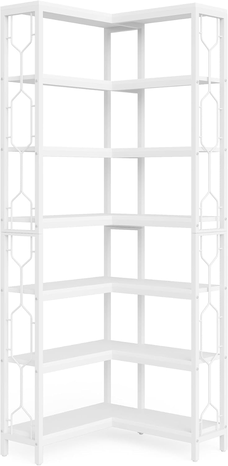 Tribesigns Corner Shelf, 7-Tier Industrial Corner Bookshelf, Wood and Metal Corner Etagere Bookcase, Freestanding Display Shelf for Living Room, Kitchen, Home Office, White