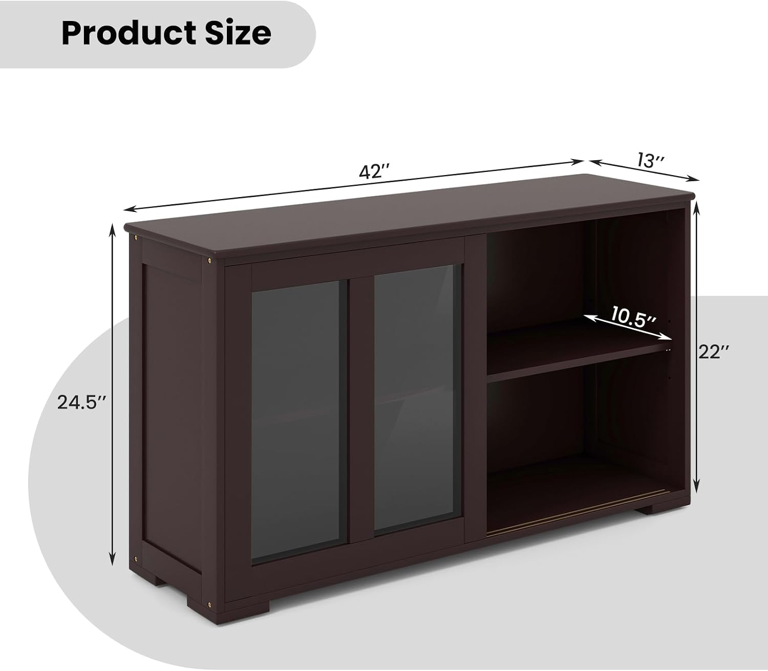 COSTWAY Buffet Sideboard with Storage, 2-Door Floor Cupboard with Sliding Tempered Glass Cabinet & Adjustable Shelf, Stackable Storage Cabinet for Kitchen, Entryway (Brown)