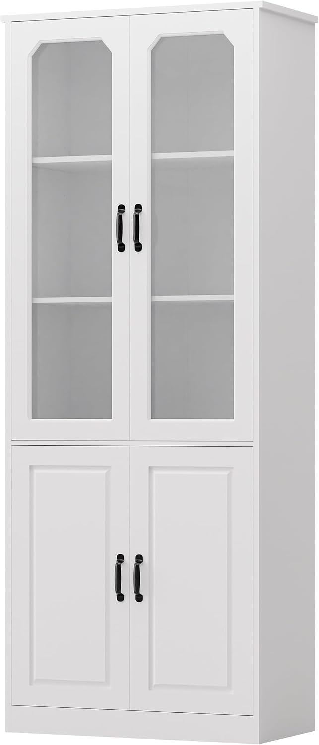 MU 78.7' Tall Kitchen Pantry with 2 Glass Doors, Freestanding China Cabinet with Adjustable Shelves, Large Kitchen Pantry Storage Cabinet Cupboard for Dining Room, Living Room, White (Large, 31.5' W)