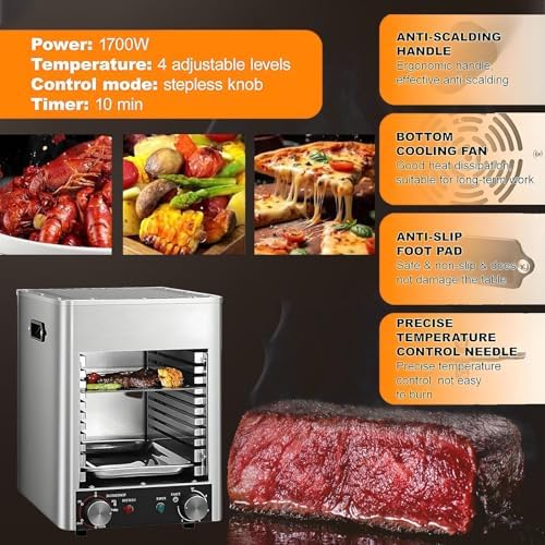 1700W Smokeless Indoor Grill - Stainless Steel Electric Steak Broiler with 10-Tier Adjustable Rack & 10 Grilling Slots - Versatile Countertop BBQ Oven for Family Cooking