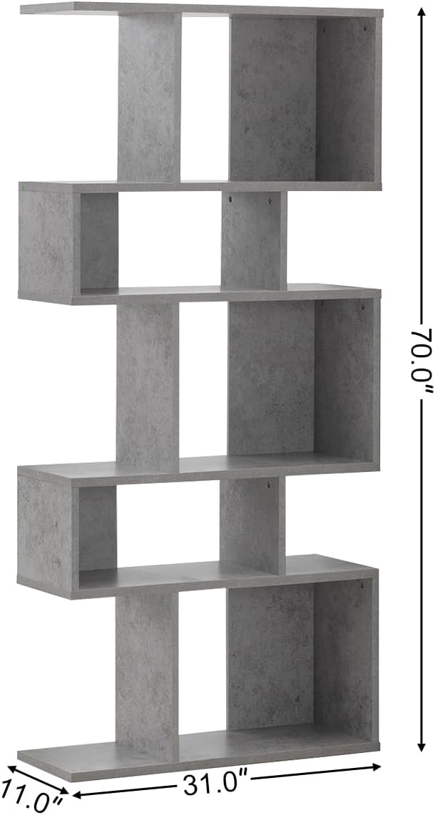 Giantex 5-Tier Geometric Bookshelf Set of 2, 70'' Tall Wood Freestanding Decorative Display Open Shelves with Anti-Tipping Device, Each Shelf Holds up to 44 lbs, Wooden S Shaped Bookcase, Gray