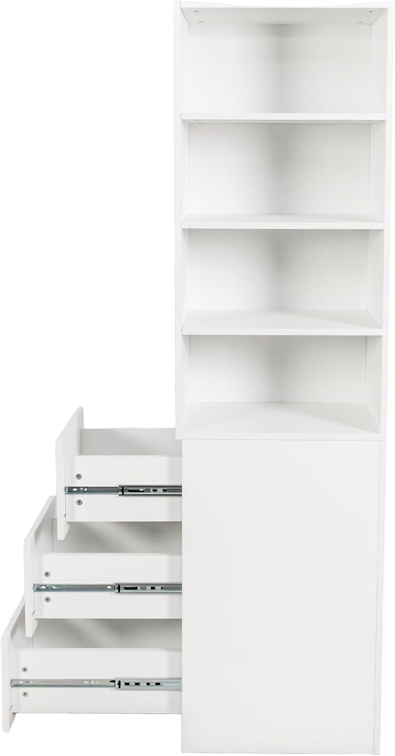 JOSHEN 71' Modern Wooden Melamine Finish Showcase Cabinet, Lego Display Case with 4-Tier Shelves, Lego Display Shelves with 3 Side Drawers for Living Rooms, Home Offices, Kitchens, White