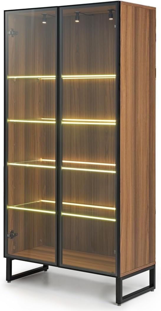 EUREKA ERGONOMIC Curio Cabinet with LED Lights, 4-Tier Adjustable Shelves Display Storage Cabinet Tempered Glass Door Tall Showcase for Collectibles Figurines Home Office Living Room Bedroom, Walnut