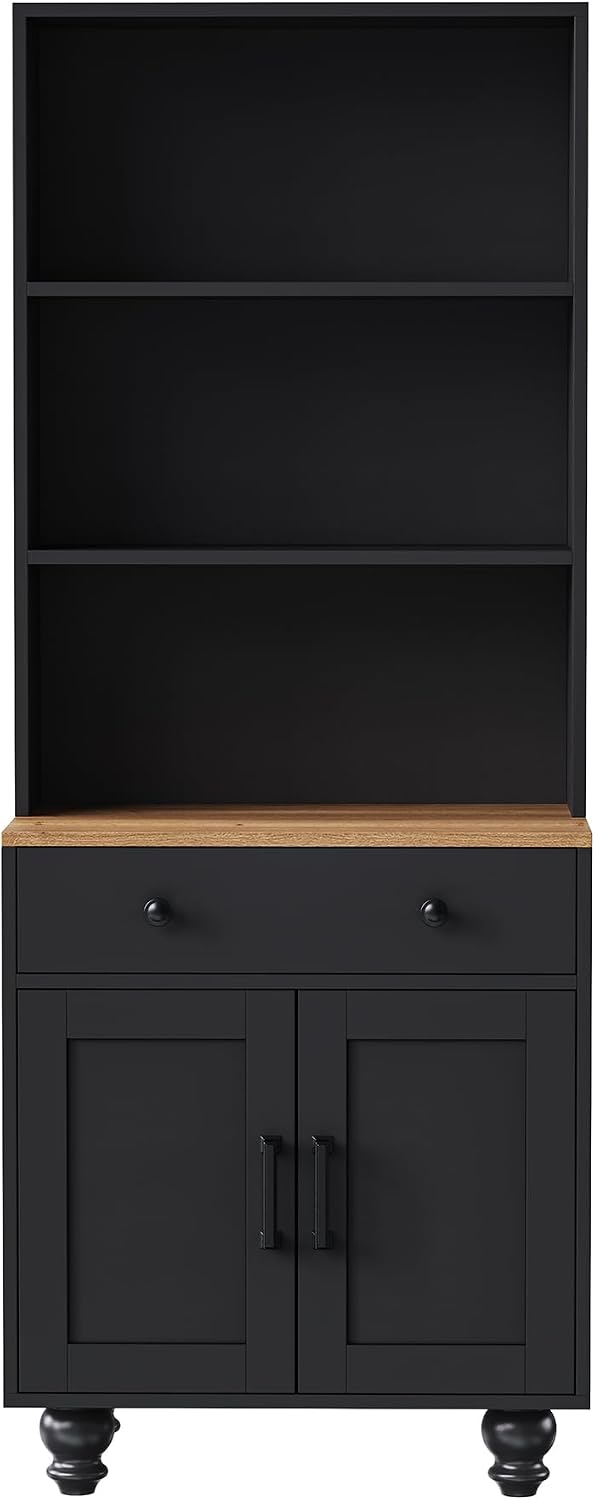 JOSHEN 63' Farmhouse Wood Grain & Solid Gourd Legs Showcase Cabinet, Display Case with Adjustable Shelves, Lego Display Shelves with Anti-Tip Kit & Drawer for Living Room, Kitchen, Black+Natural