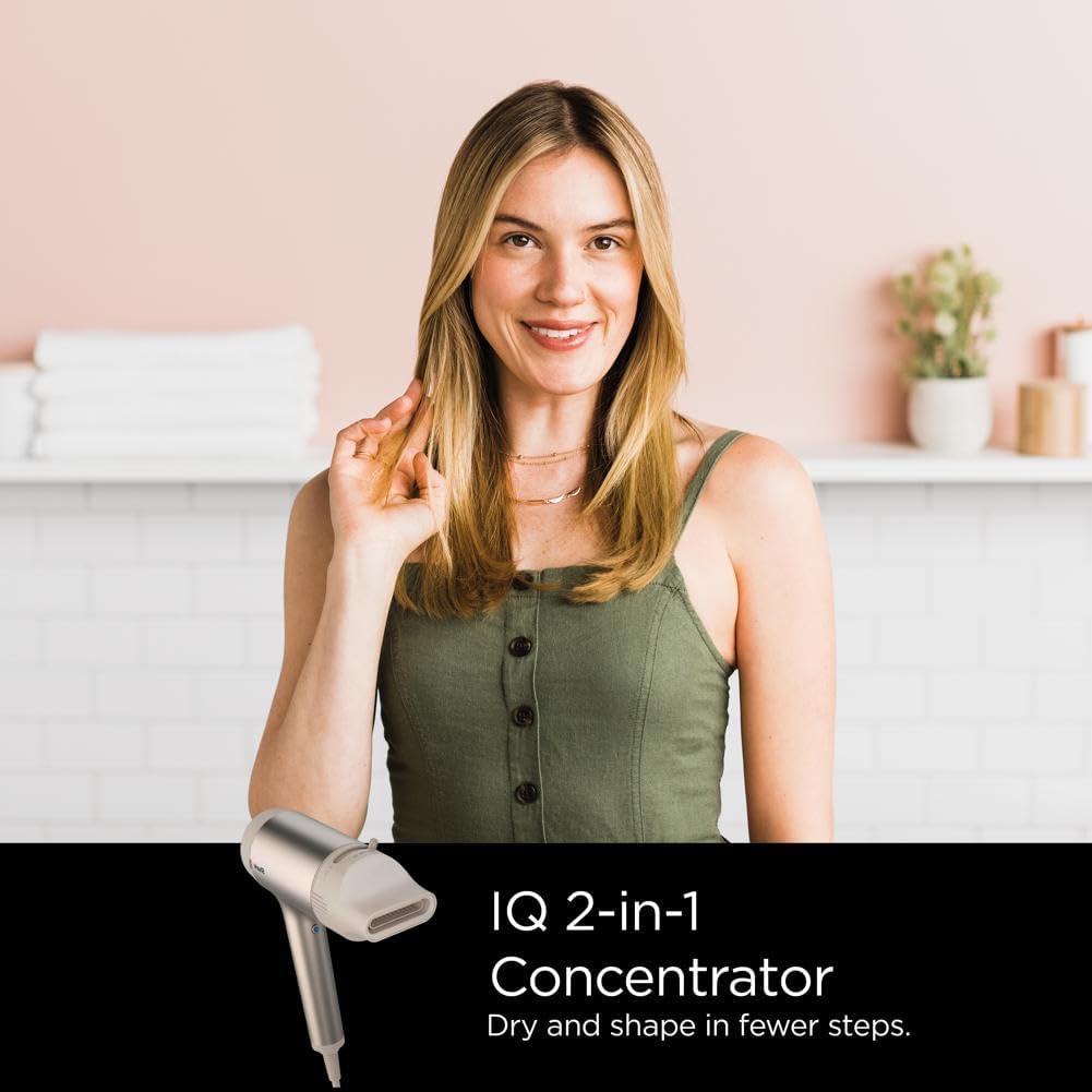 Shark HD120BRN Blow Dryer HyperAIR Fast-Drying with IQ 2-in-1 Concentrator, Styling Brush, and Curl-Defining Deep Diffuser Attachments, Ionic, No Heat Damage, for All Hair Types, Stone