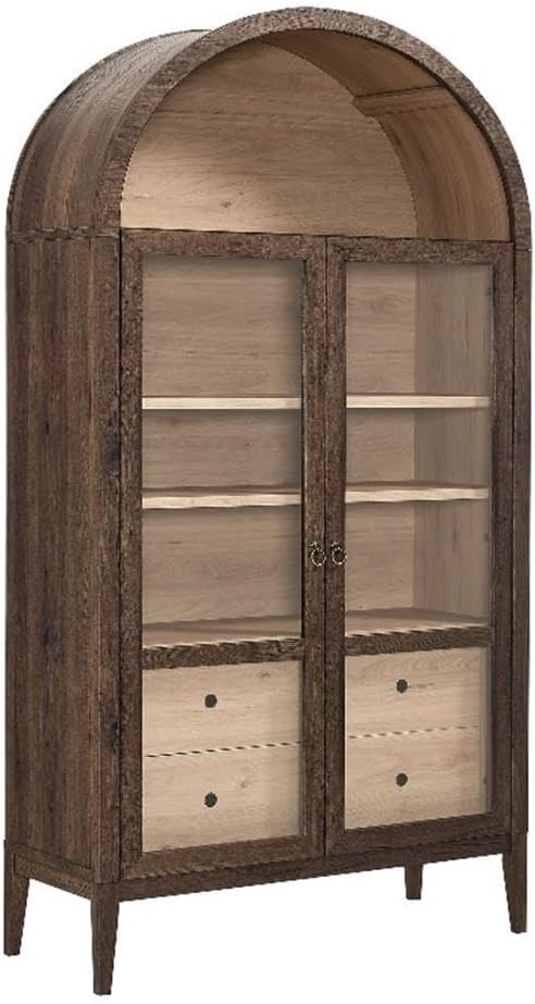 Modway Nolan Tall Arched Storage Display Cabinet in Walnut Light Oak - 74 Inch Arch Bookshelf with Glass Doors, Shelves and Drawers - Modern Accent Cabinet for Living Room, Dining Room