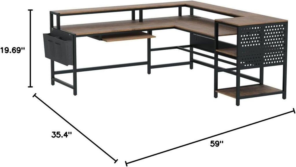 SEDETA L Shaped Computer Desk, Reversible Computer Desks, L Shaped Desk with Power Outlets & LED Strip, Monitor Shelf, Keyboard Tray, Pegboard and Storage Shelves for Home Office, Rustic Brown