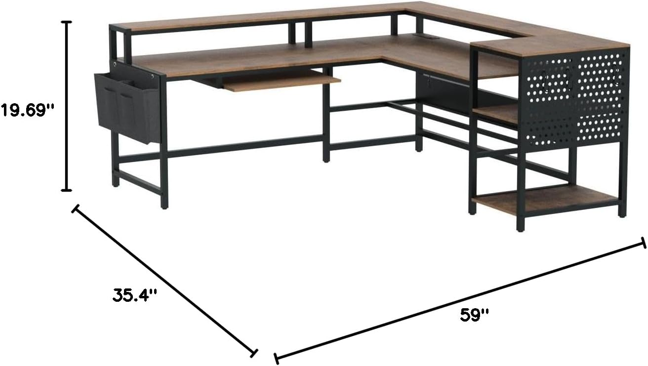 SEDETA L Shaped Computer Desk, Reversible Computer Desks, L Shaped Desk with Power Outlets & LED Strip, Monitor Shelf, Keyboard Tray, Pegboard and Storage Shelves for Home Office, Rustic Brown