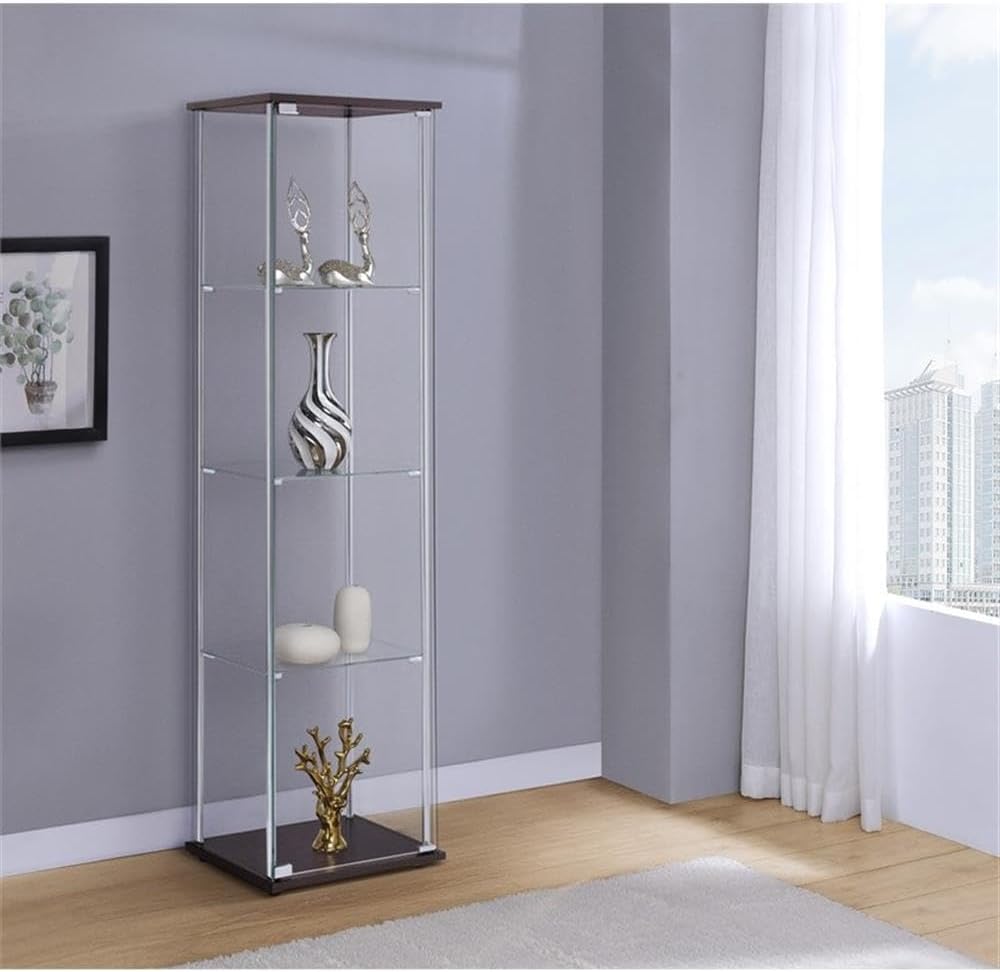BOWERY HILL 4 Shelf Glass Display Case Cabinet with Chrome Support Beams and Cappuccino Brown Top/Base