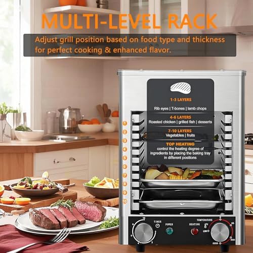 1700W Electric Steak Broiler - Smokeless Indoor Grill with 10-Tier Adjustable Rack & 10 Slots - Stainless Steel Multi-Purpose BBQ Oven for Family Cooking & Perfect Steak House Quality
