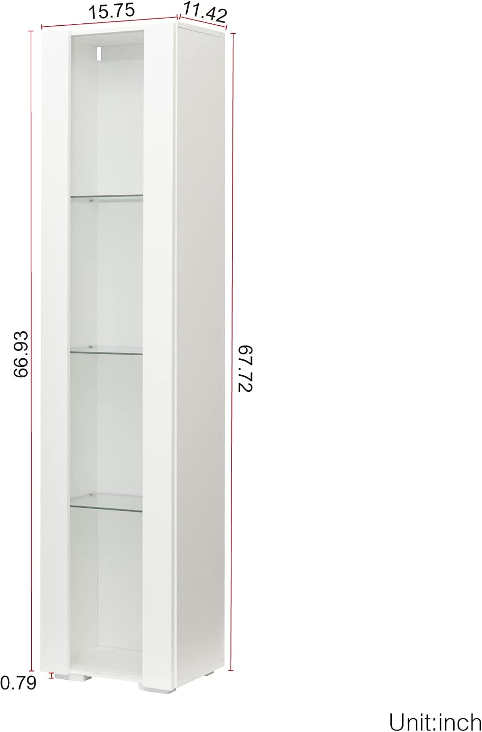 67' LED Display Cabinet with 4 Glass Shelves & 1 Door, Modern Curio Cabinet Collection Display Case Storage Cabinet, High Gloss Floor Standing Bookshelf for Living Room Bedroom Office (White)
