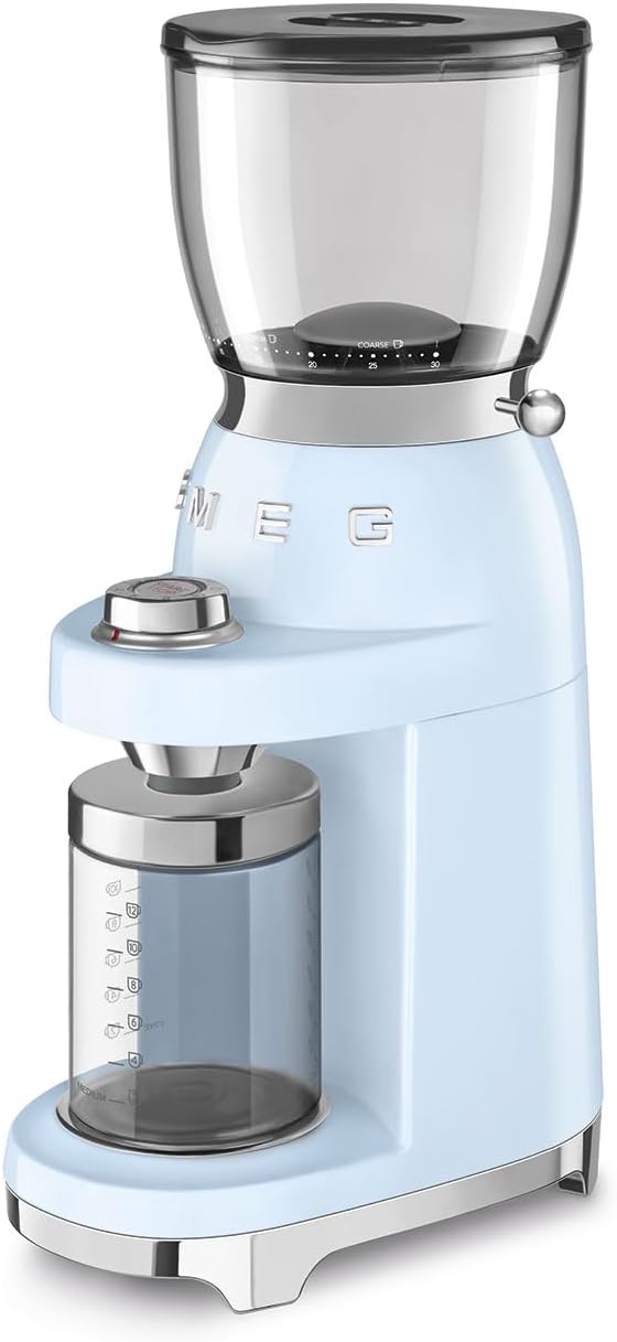 SMEG CGF11 Retro-Style Coffee Grinder – Burr Mill with 30 Grind Settings, Stainless Steel Conical Burrs, Removable Hopper – Precision Countertop Grinder for Espresso, Drip, French Press-Pastel Blue