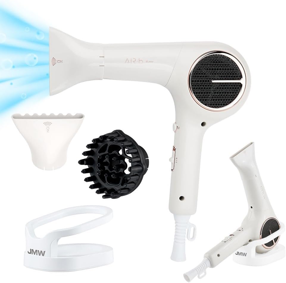 JMW AIR B Compact Hair Dryer, Powerful BLDC Motor, Quiet High Speed Hair Dryer, Lightweight Fast Drying, Ionic Blow Dryer for Frizzy Hair, Travel Friendly