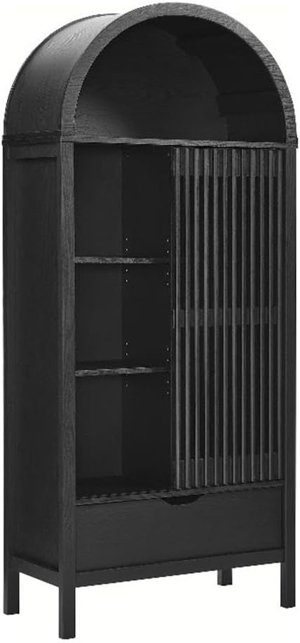 Modway Vaughn 71 Inch Arched Display Cabinet in Black - Modern Arch Bookcase with Drawer and Adjustable Shelves - Tall Storage Cabinet for Living Room, Dining Room, Hallway
