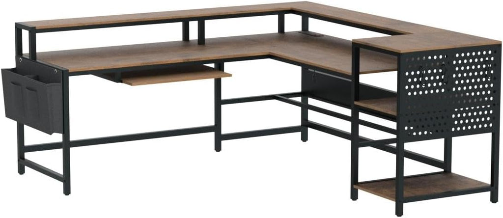 SEDETA L Shaped Computer Desk, Reversible Computer Desks, L Shaped Desk with Power Outlets & LED Strip, Monitor Shelf, Keyboard Tray, Pegboard and Storage Shelves for Home Office, Rustic Brown
