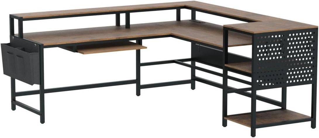 SEDETA L Shaped Computer Desk, Reversible Computer Desks, L Shaped Desk with Power Outlets & LED Strip, Monitor Shelf, Keyboard Tray, Pegboard and Storage Shelves for Home Office, Rustic Brown