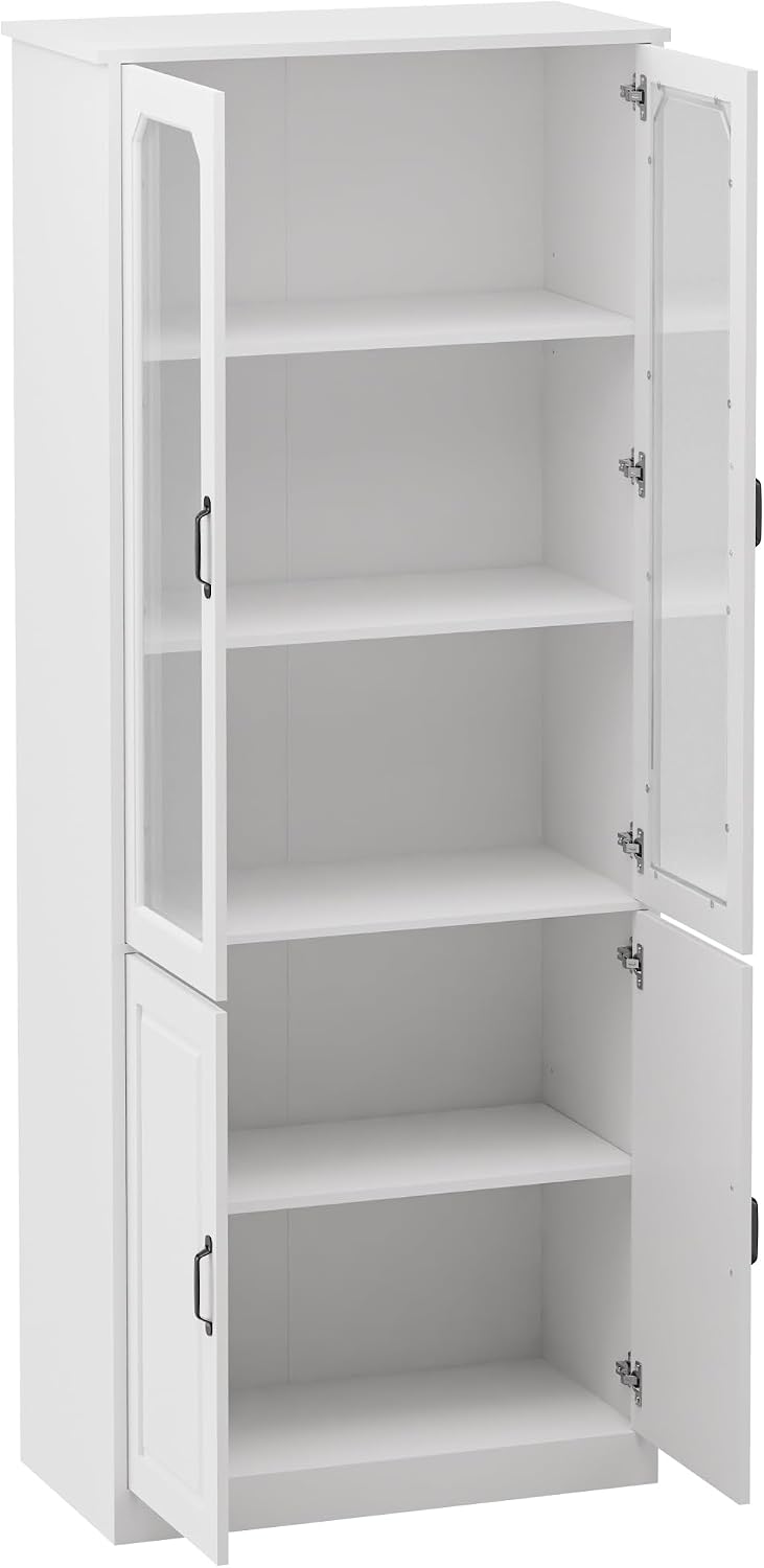 MU 78.7' Tall Kitchen Pantry with 2 Glass Doors, Freestanding China Cabinet with Adjustable Shelves, Large Kitchen Pantry Storage Cabinet Cupboard for Dining Room, Living Room, White (Large, 31.5' W)